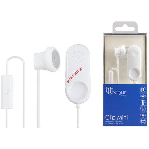 Ασύρματο ακουστικό Bluetooh Uunique Clip Mini White Μονοφωνικό ακουστικό με καλώδιο Mono BOX (ΕΞΑΝΤΛΗΘΗΚΑΝ)