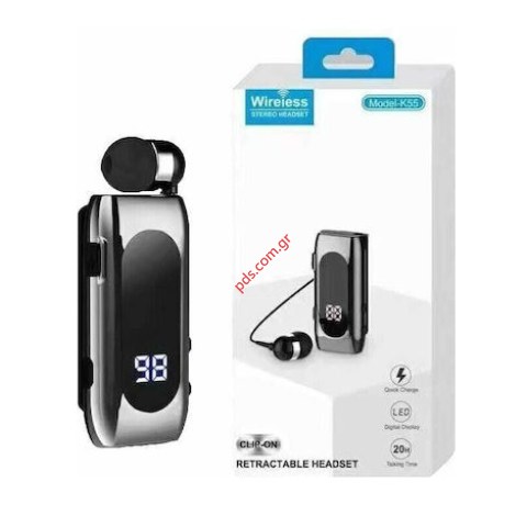 Ασύρματο ακουστικό Bluetooth Borofone K55 Clip Black Mono με καλωδιο και ελατήριο σε μαύρο χρώμα (ΒΟΧ)