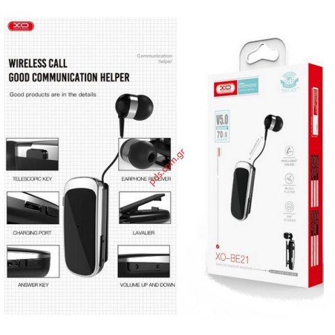 Ασύρματο ακουστικό Bluetooth XO BE21 BT V5.0 Mono clip Black με μονοφωνικό καλώδιο με  μηχανισμό cable σε μαύρο χρώμα clip (ΒΟΧ)