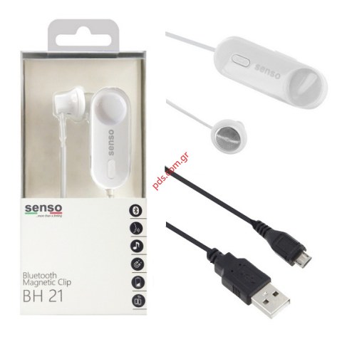Ασύρματο ακουστικό Clip Bluetooth SENSO BH21 Magnetic Mono White με μονοφωνικό καλώδιο σε μαύρο χρώμα headset clip (ΕΞΑΝΤΛΗΘΗΚΑΝ)