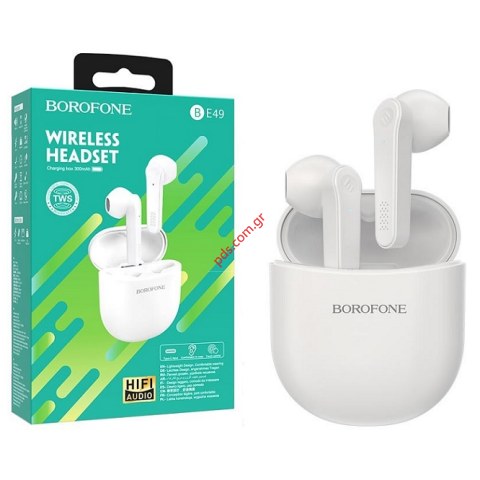 Ασύρματα ακουστικά Bluetooth HOCO BE49 White TWS Headset Airpods HIFI AUDIOstereo σε λευκό χρώμα αυτιού μεγάλη αυτονομία.