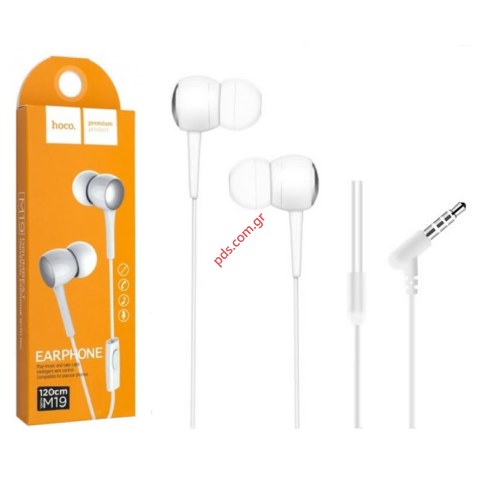 Ακουστικά Hands Free Hoco M19 White 3.5mm Drumbeat Universal Earphones Stereo Λευκά με Μικρόφωνο και Πλήκτρο Λειτουργίας