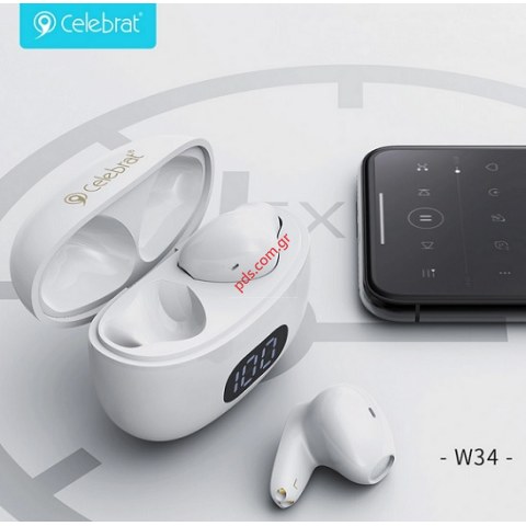 Ασύρματα ακουστικά Bluetooth CELEBRAT W34 earphones TWS White με θήκη φόρτισης, True Wireless, λευκά Box