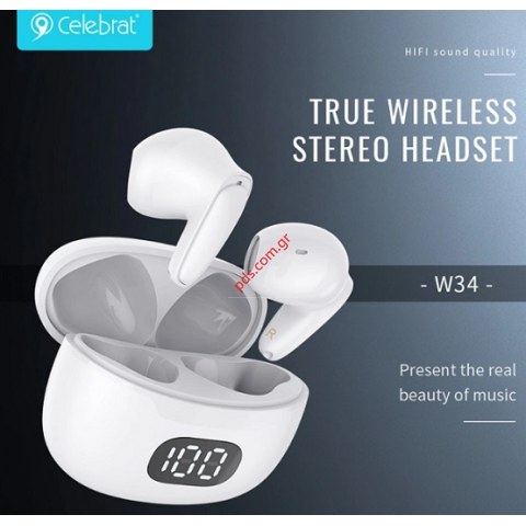 Ασύρματα ακουστικά Bluetooth CELEBRAT W34 earphones TWS White με θήκη φόρτισης, True Wireless, λευκά Box