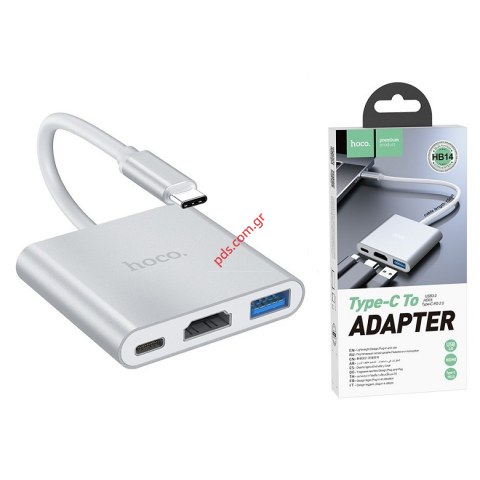 Adaptor Hub Hoco HB14 Easy use USB-C με 3 Θύρες USB 3.0, USB-C PD, HDMI Ασημί Box
