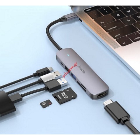 Adaptor Hub USB-C Hoco HB28 HDMI+PD+USB3.0+USB2.0+SD+TF 60W 20V/3A Γκρι Box