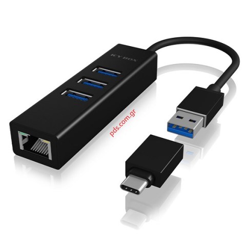 Αντάπτορας δικτύου Hub (IB-HUB1419-LAN) µε σύνδεσεις 3x θύρες Type-A USB 3.0 + 1x θύρα Gigabit LAN σε μαύρο χρώμα αλουμινίου Box