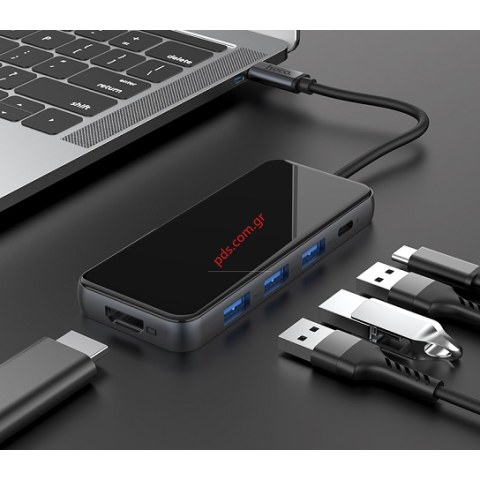 Καλώδιο Adaptor HUB Hoco HB15 USB TYPE-C 3X3.00 HDMI 67W Grey Box