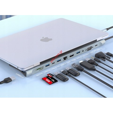 Adapter XO HUB HUB010 12 in1 USB-C 3.0 Hub με 2x USB-A 3.0, 2x USB 2.0, 1x HDMI, 1x RJ-45, 1x VGA, 1x USB-C 100W, 1x USB-C Audio Mini Jack, 1x MicroSD 1x SD 