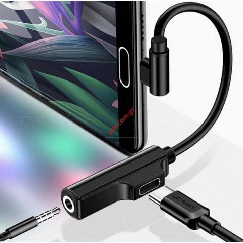 Μετατροπέας USAMS US-SJ237 USB Type-C 90 Degree Angled Male To 3.5mm Audio + Type-C Female Charging Adapter Cable Black
