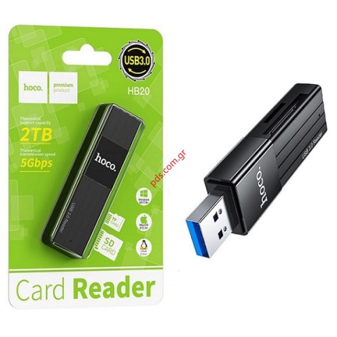 Αναγνώστης Κάρτας Μνήμης Hoco HB20 Mindful 2 σε 1 USB 3.0 έως 5Gbps και 2TB για Micro SD και SD Μαύρος Blister