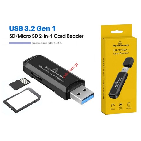 Card reader Powertech PT-1112 για SD & micro SD, USB 3.2, 5Gbps, μαύρο Box