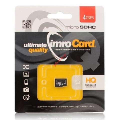 Memory card IMRO 4GB Class 4 (NO/ADAPTER) Micro Secure Digital High-Capacity (microSDHC) Blister Memory card IMRO 4GB Class 4 (NO/ADAPTER) Micro Secure Digital High-Capacity (microSDHC) Blister