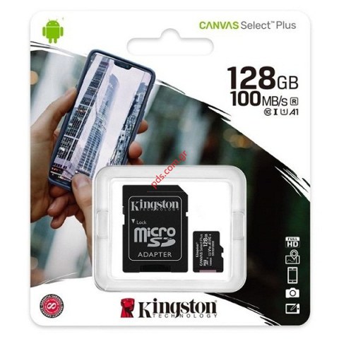 Κάρτα μνήμης Kingston 128GB UHS-I CL10 microSDxc Canvas Select 100Read + SD Adapter με συσκευασία 1 PCS Blister
