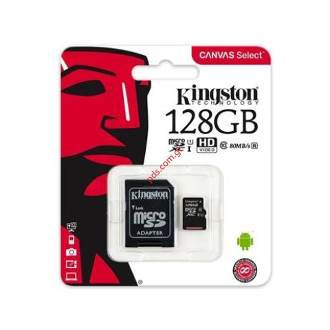 Κάρτα μνήμης Kingston 128GB UHS-I CL10 microSDHC Canvas Select 80Read + SD Adapter Blister με συσκευασία