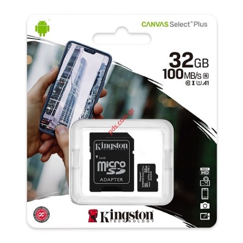 Κάρτα μνήμης KINGSTON 32GB C10 100MB/s UHS-I microSDHC Canvas Select Plus A1 V10 +adapter Blister