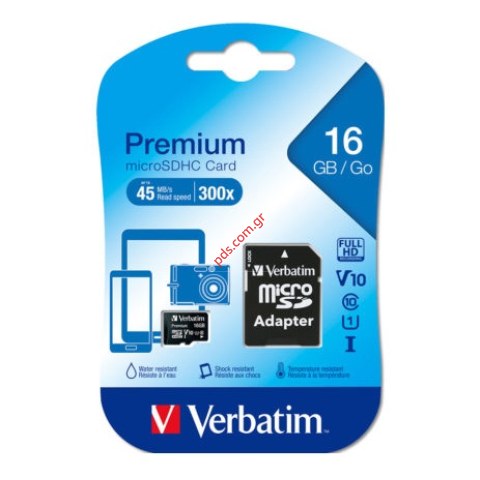 Κάρτα μνήμης Memory Verbatim 16GB C10 Premium 45mbs Micro Sd ,Transflash συμβατό με HDSC SLOT Blister