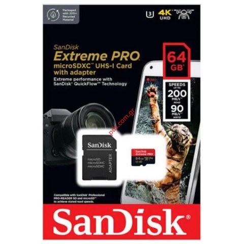 Κάρτα μνήμης Micro SDXC SANDISK 64GB SDSQXCU-064G-GN6MA EXTREME PRO SDXC UHS-I U3 V30 A2 WITH ADAPTER