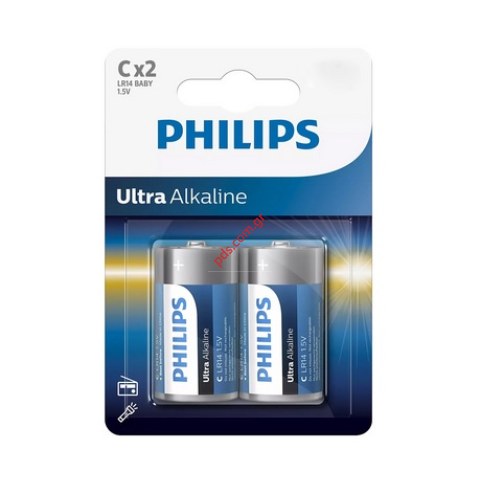 Μπαταρία Αλκαλική Philips LR14E2Bμε τάση 1,5 Volt, τεμάχια 2 Blister (μοντέλο LR14 Size C Baby). 