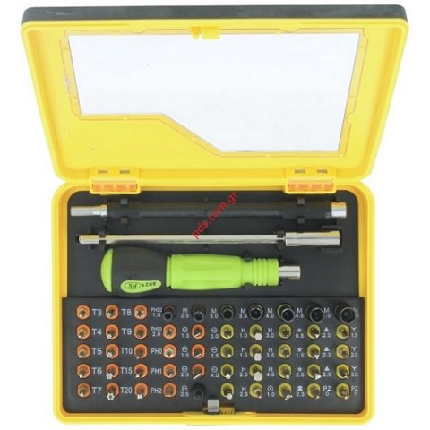 Tool set 53-in-1 of 1 magnetic screwdriver, 2 different extension bars, 50 pieces magnetized bits of different common profiles and sizes. Tool set 53-in-1 of 1 magnetic screwdriver, 2 different extension bars, 50 pieces magnetized bits of different common profiles and sizes.