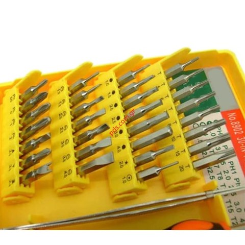 Σετ εργαλείων PNG-8902 με Μαγνητικό κατσαβίδι, διάφορες μύτες (30 τεμάχια) και μια μικρή τσιμπίδα.