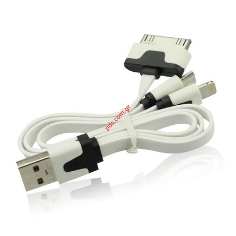 Καλώδιο USB Flat Cable 3 σε 1 iPhone 3G, 4G, 5G, 5C, 5S white micro USB universal σε λευκό χρώμα