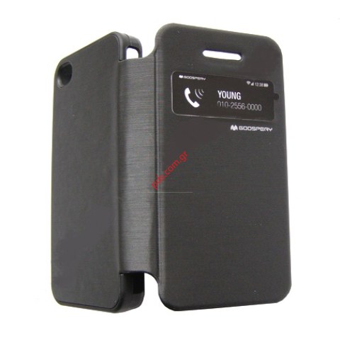 Case Leather PU Mercury Techno Flip S-View Brushed Cover iPhone 4 4S Black