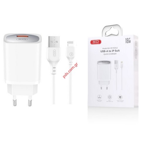 Travel charger iPhone 5 XO CE19 QC 18W USB A w/cable Lightning 8 pin White 1M Box Travel charger iPhone 5 XO CE19 QC 18W USB A w/cable Lightning 8 pin White 1M Box