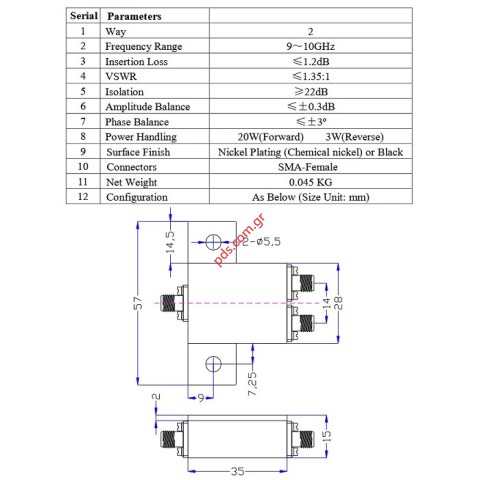 Power divider WT-D0171-02 Way 2 10Ghz SMA Female