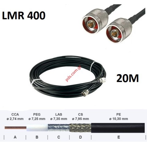 The low-loss coaxial cable M 400 7D-FB 50ΩΜ set 20m is prefabricated to have links N-Male (male) at both ends. The low-loss coaxial cable M 400 7D-FB 50ΩΜ set 20m is prefabricated to have links N-Male (male) at both ends.