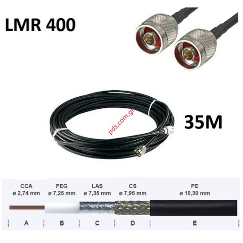 The low-loss coaxial cable  M 400 7D-FB 50ΩΜ set 35m is prefabricated to have links N-Male (male) at both ends. The low-loss coaxial cable  M 400 7D-FB 50ΩΜ set 35m is prefabricated to have links N-Male (male) at both ends.
