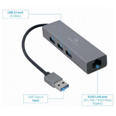 Network adapter Hub Cablexpert A-AMU3-LAN-01 Gigabit 3x port Type-A USB 3.0 + 1x port LAN Grey Box