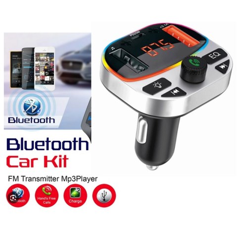 Φορτιστής με ασύρματη σύνδεση Car kit stereo αυτοκινήτου FM Player PZX T8s 25W PD LCD Charge USB A Bluetooth Silver πολυλειτουργικό Box