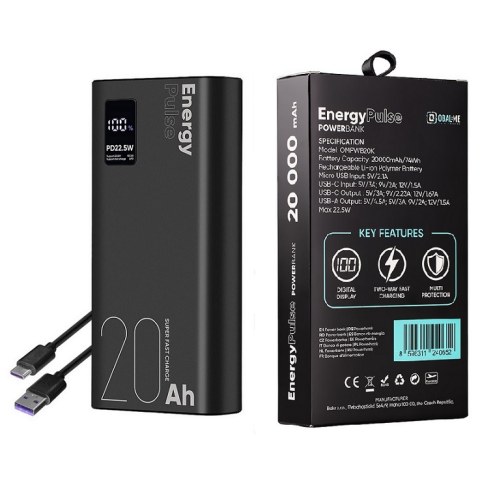 Power Bank OBAL PD 22.5W Lion 20000 mAh LCD 4 PORT Black Φορητός φορτιστής μπαταρίας σε μαύρο χρώμα BOX