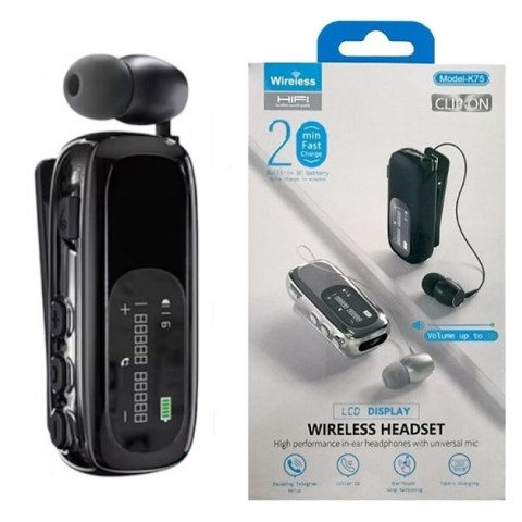 Ασύρματο ακουστικό Πέτου K75 TWS Bluetooth Handsfree Headset in-Ear mono mic LCD ID Caller Black Box