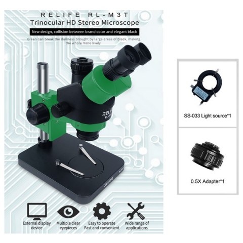 Μικροσκόπιο Στερεοσκοπικό RELIFE RL-M3T-B1 Base Stereo Trinocular Green με μεγέθυνση 0.7x εως 45x φορές zoom Adaptor CTV M28