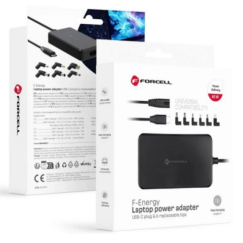 Universal laptop charger Forcell F-ENERGY E856 65W (6 adaptors) Black Box