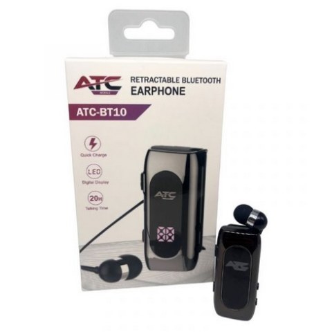 Ασύρματο ακουστικό Bluetooth TWS ATC BT10 black silver με Recraccable μηχανισμό ανασυρόμενο καλωδιο σε μαύρο χρώμα Box 