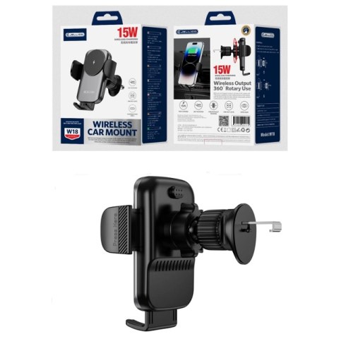 Βάση στήριξης σε αεραγωγό αυτοκινήτου Jellico W18 Black με βαρύτητα και  φορτιστή 15W μαύρο χρωμα Box