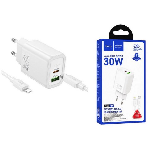 Φορτιστής σπιτιού Hoco N63, 30W, 3A, 1 x USB-A - 1 x USB-C, με καλώδιο Lightning Cable 8 PIN, White 220 Volt υψηλής ταχύτητας πολλαπλών συσκευών BOX