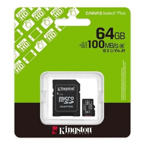 Memory card Kingston Canvas Select Plus microSD 64GB, Read 100MB/S, Class 10, SD Adapter (SDCS3/64GB) Blister