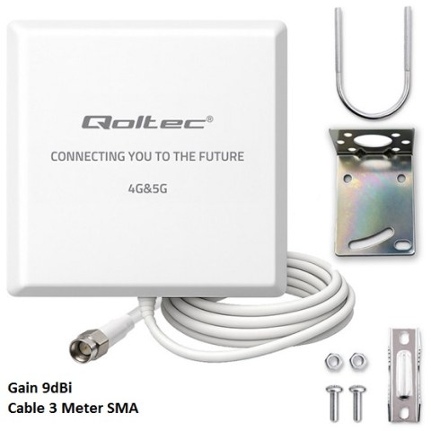 Κεραία κατευθυντική panel Qoltec 57062 5G / 4G LTE Antenna 9dBi 600-2700-3300-3800 MHZ Waterproof cable 1 X 3M / SMA Box