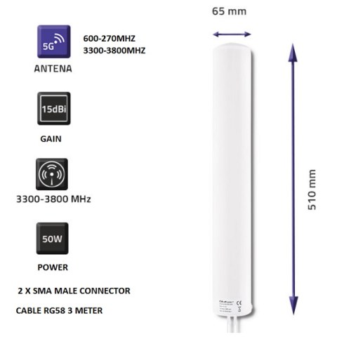 Πανκατευθυντική κεραία omni GSM QOLTEC 57034 5G / 4G LTE DUAL με κέρδος Gain 15 dBi λειτουργεί στη ζώνη 600-2700-3300-3800 MHz Cable 2 x3 meter SMA Male