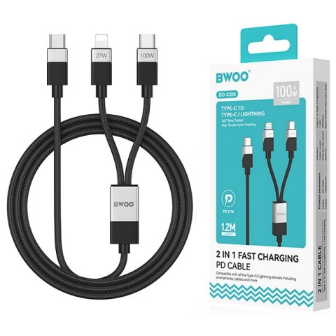 Καλώδιο σετ διπλό BWOO Fast charge PD 100W/27W Braided 2-in-1 Cable USB-C - USB-C και Lightning 1m Black Box