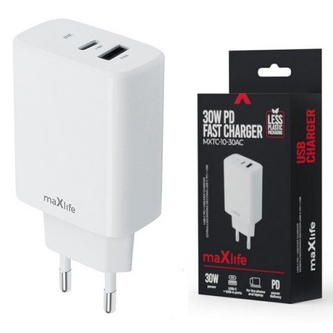 Γρήγορος διπλός φορτιστής σπιτιού Maxlife MXTC-10-30AC 30W PD QC charger 1x USB-C 1x USB white BOX