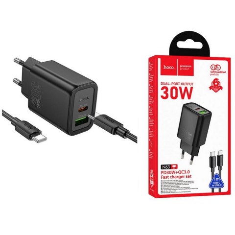 Φορτιστής σπιτιού set Hoco N63, 30W Black Fast 3A, 1 x USB-A - 1 x USB-C, με καλώδιο 1M type C White 220 Volt υψηλής ταχύτητας BOX