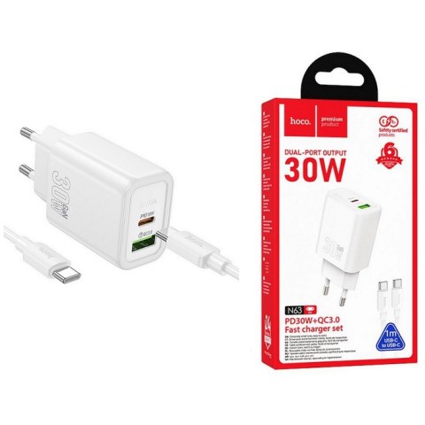 Φορτιστής σπιτιού Hoco N63, 30W, White Fast cgarge 3A, 1 x USB-A - 1 x USB-C, με καλώδιο 1M type C 220 Volt BOX