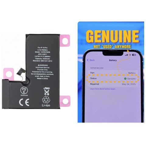 Μπαταρία iPhone 15 Pro A3102 Lion 3400mAh 3.8V (SELF DIGNOSABLE NO WARNING MESSAGES - SHOW ORIGINAL NEW) BOX