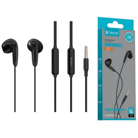 Ακουστικά στέρεο earphones Celebrat G27 Black με μικρόφωνο, Audio Jack 3.5mm σύνδεση, Φ14mm, με καλώδιο 1.2m, μαύρα Box