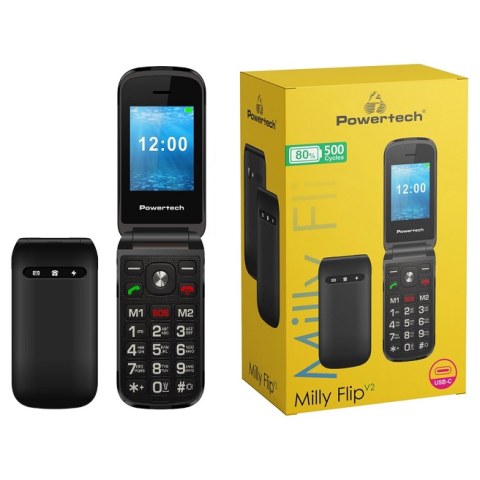 Mobile phone Powertech PTM-38 Milly Flip V2 Clamshell Black SOS Dual SIM BOX